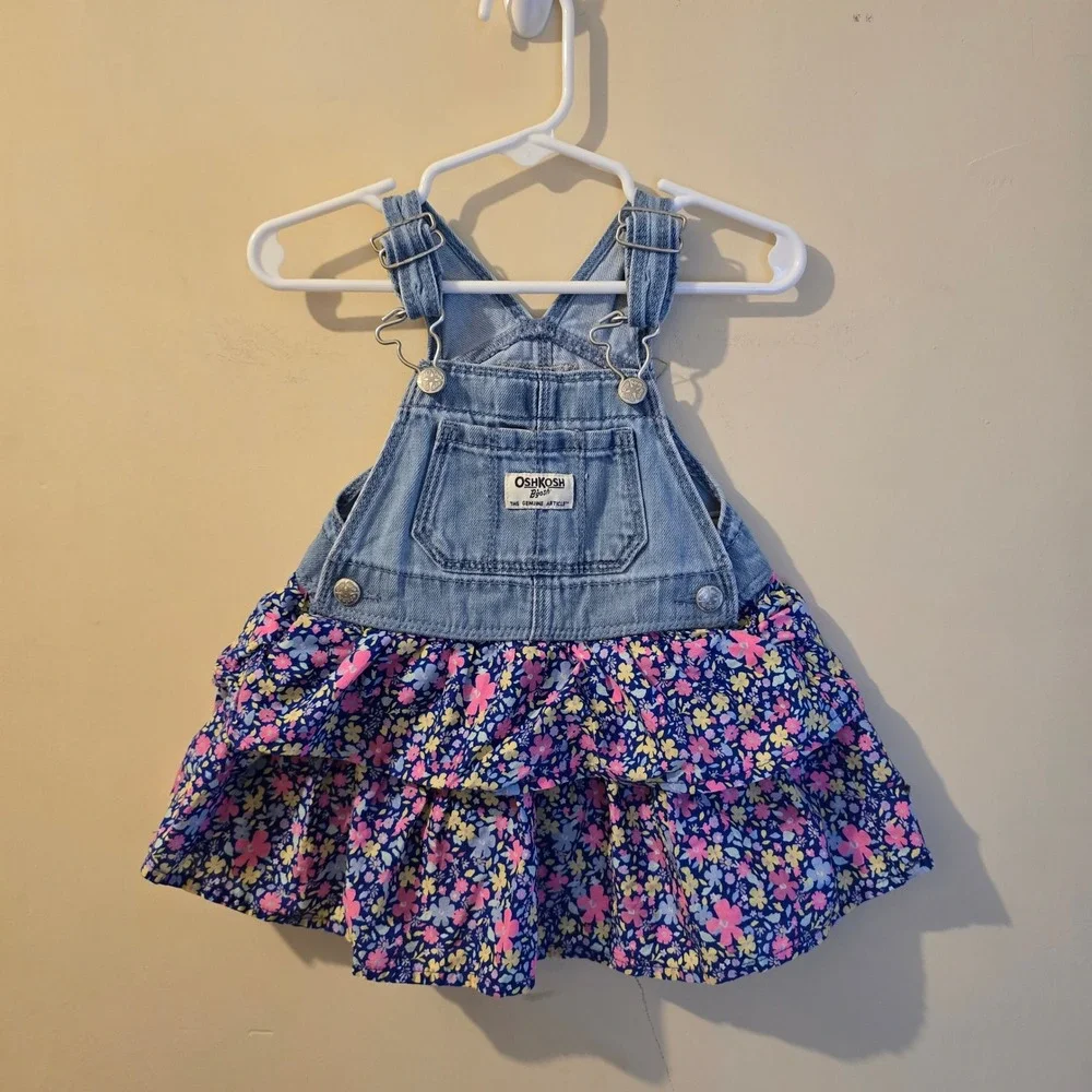 OshKosh Bgosh Baby Girls 12M Denim Floral Tiered Ruffle Overall Jumper Dress